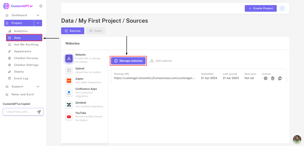 ChatGPT Upload Documents: A Step-by-Step Guide to Uploading Documents 4 CustomGPT.ai Data section lists a sitemap source, submitted and last synced on 21 Apr 2024, with next sync Not set.