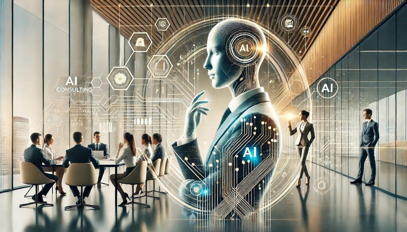 The image depicts a futuristic office setting with a large digital representation of a humanoid figure, symbolizing artificial intelligence (AI), in the foreground. The humanoid is surrounded by circuit-like patterns and hexagonal icons, emphasizing technology and AI integration. In the background, a group of business professionals is seated around a conference table, engaged in a meeting. The room is modern, with large glass windows offering a view of a cityscape. Text elements such as 'AI CONSULTING' and 'AI' are visible, highlighting the theme of AI in business. The overall atmosphere is one of innovation and collaboration.