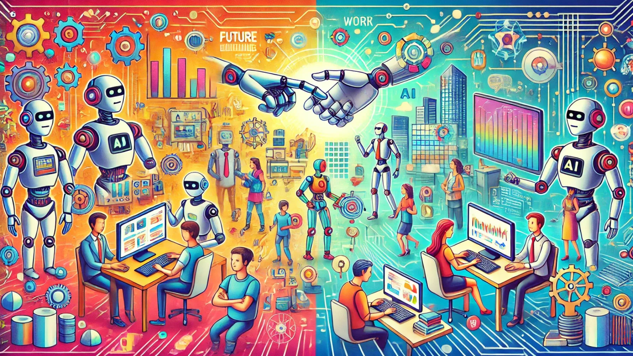 The image is a vibrant and colorful illustration depicting the future of work with a focus on AI, automation, and human skills. On the left side, there are several humanoid robots with 'AI' displayed on their chests, interacting with humans in a collaborative environment. People are working at desks with computers, and there are various gears and technological elements surrounding them. The right side of the image shows a similar scene with more robots and humans working together, emphasizing a harmonious integration of technology and human effort. In the center, two robotic hands are shaking, symbolizing partnership and collaboration. The background is filled with digital and futuristic elements, including charts, graphs, and cityscapes, representing progress and innovation. The words 'FUTURE' and 'AI' are visible, highlighting the theme of technological advancement.