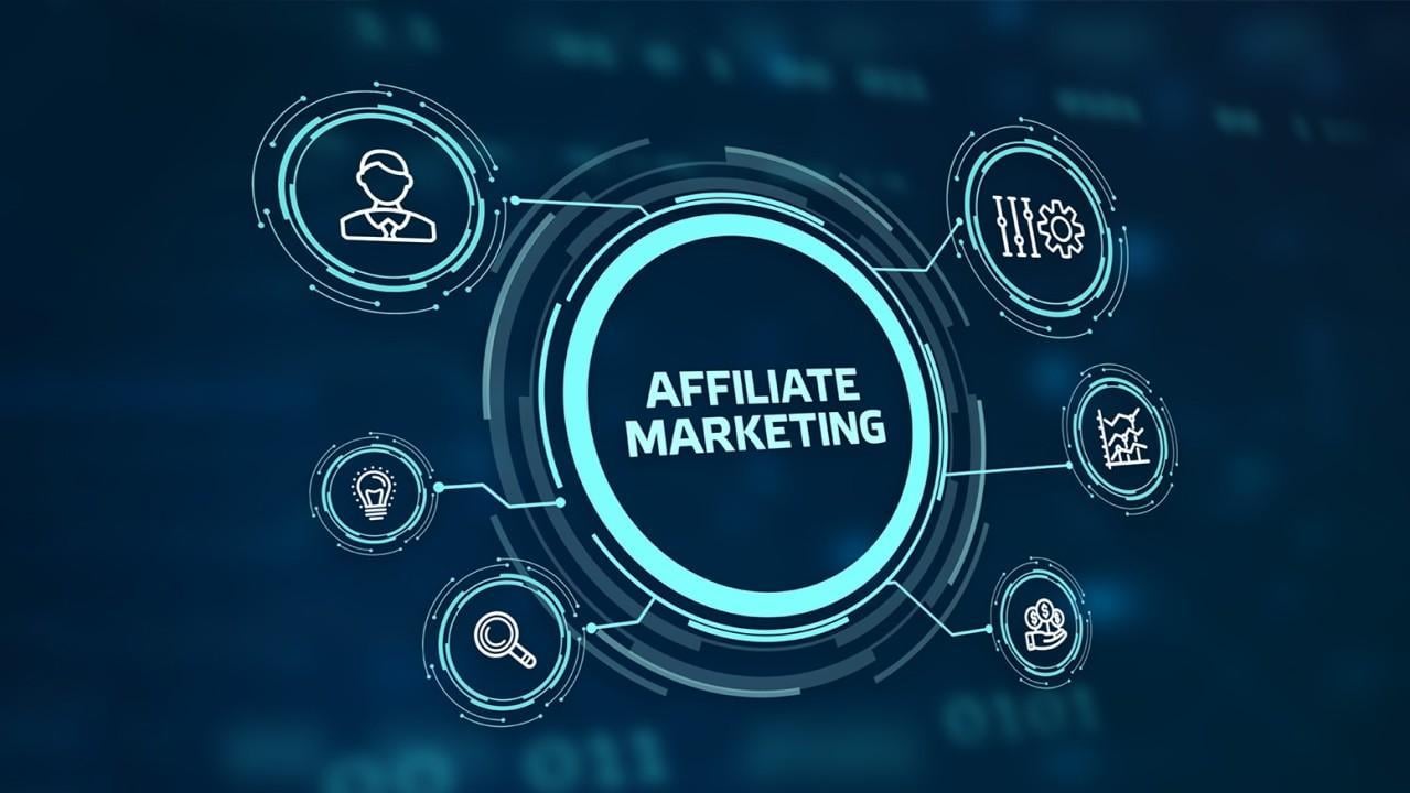 Affiliate marketing diagram links six connected icons: analytics, SEO search, monetization, strategy, growth, and ideas.