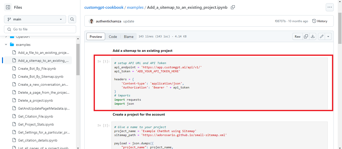 CustomGPT.ai cookbook GitHub notebook shows Add_a_sitemap_to_an_existing_project.ipynb with API token headers code.