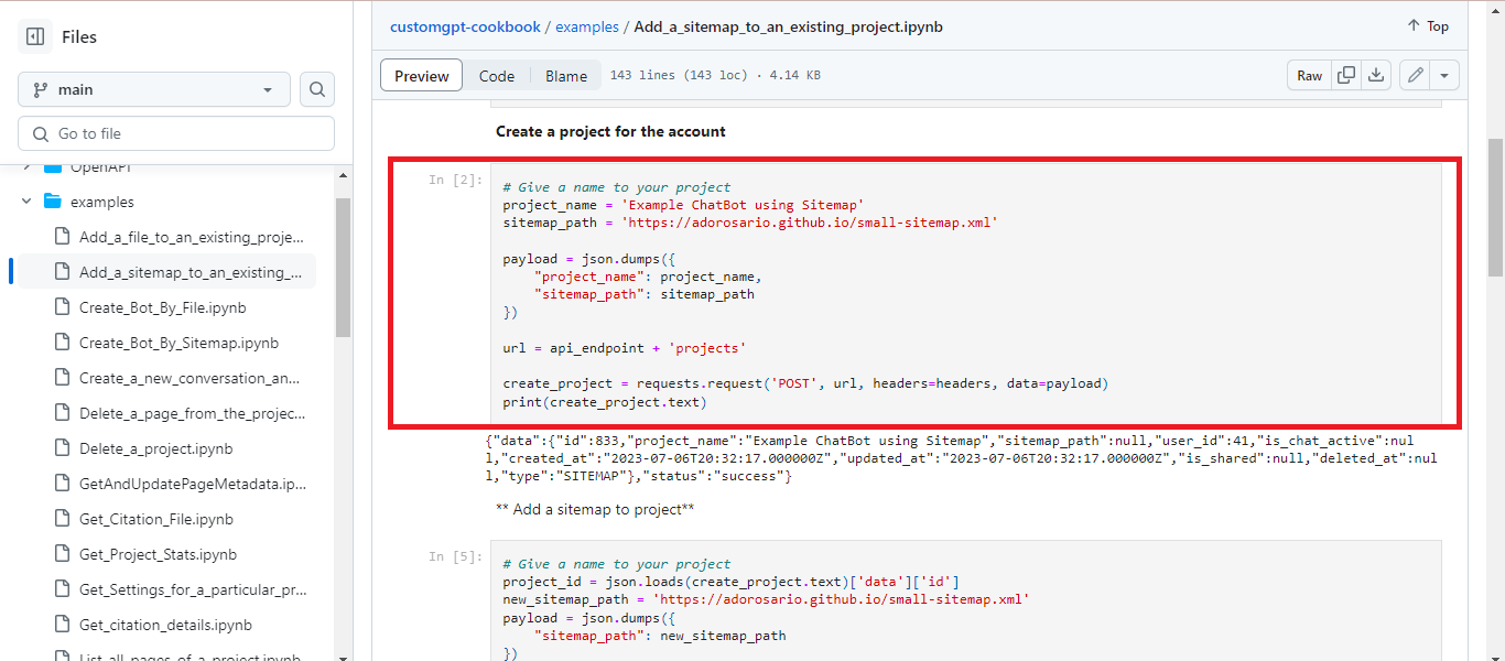 CustomGPT.ai cookbook notebook builds a project from sitemap URL by POSTing JSON to the /projects API endpoint.