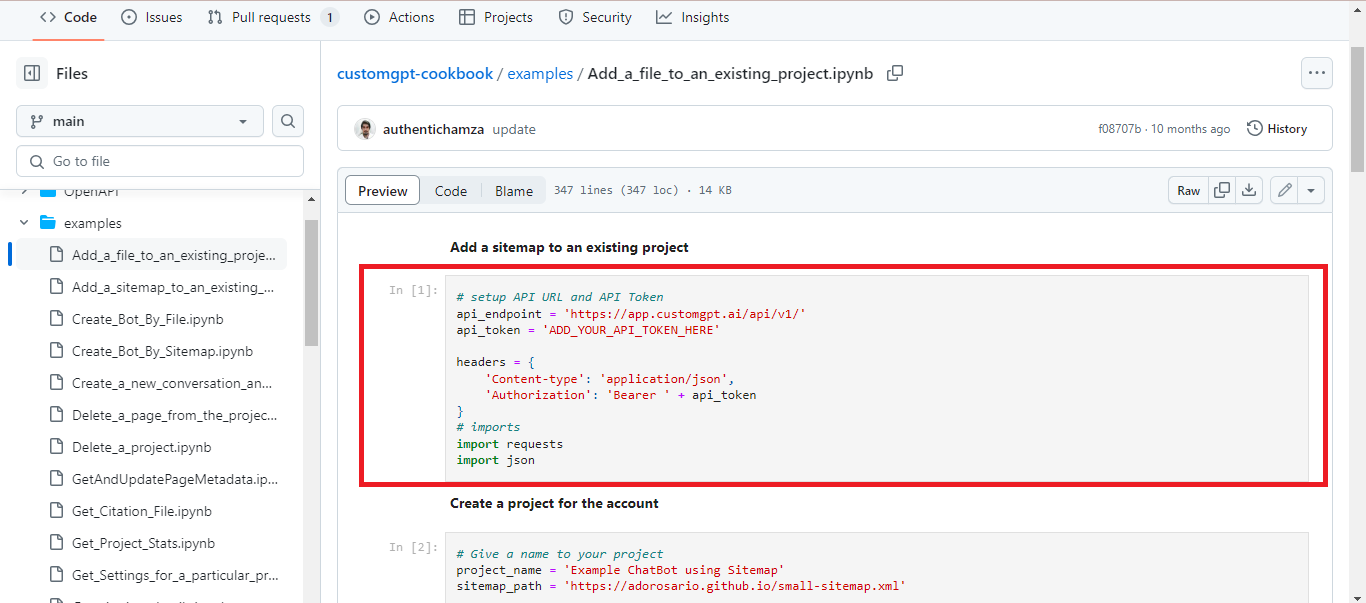 CustomGPT.ai customgpt-cookbook shows Add_a_file_to_an_existing_project.ipynb with api_endpoint and Bearer token setup.