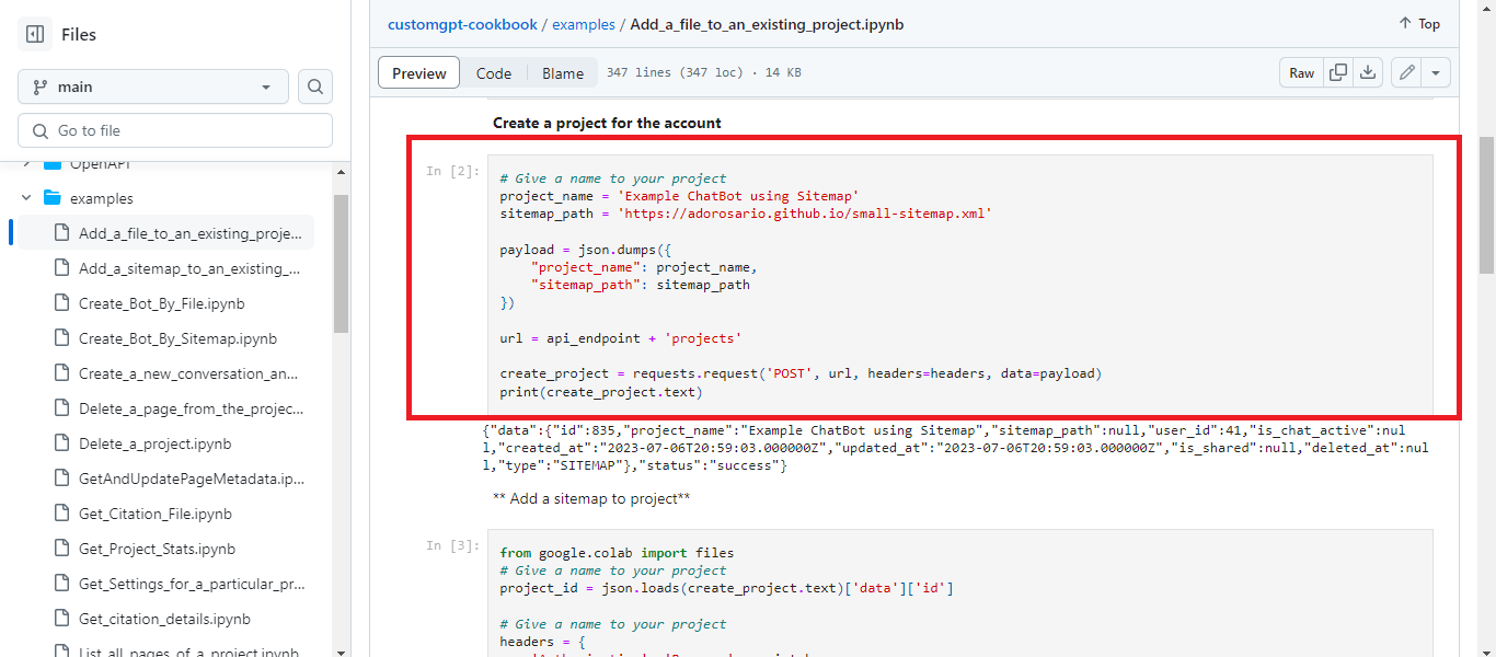 CustomGPT.ai customgpt-cookbook notebook shows Create a project for the account Python POST request code.