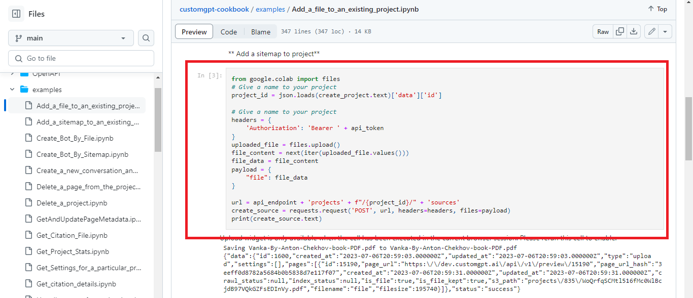 CustomGPT.ai RAG API notebook shows “Add a sitemap to project” code with Bearer token headers and POST source upload