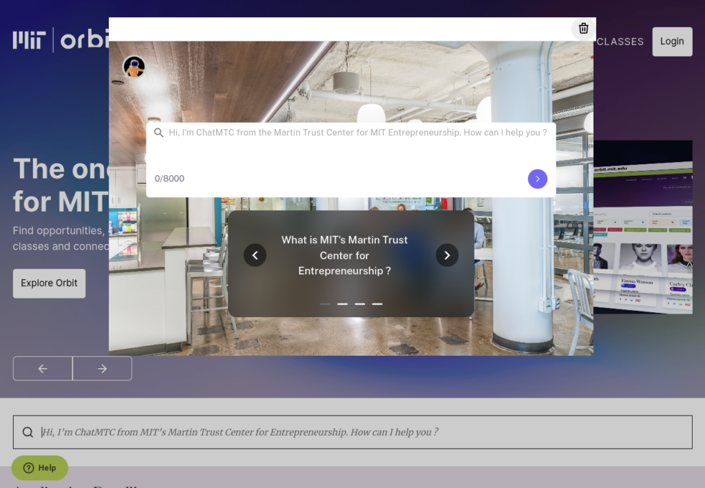 CustomGPT RAG API demo shows ChatMTC on MIT Orbit, with 0/8000 input counter and Explore Orbit button.