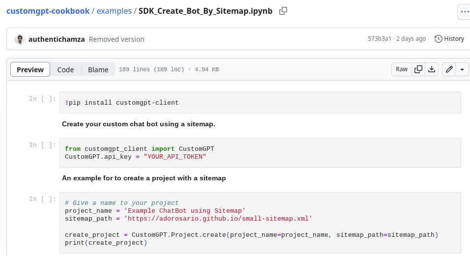 CustomGPT RAG API GitHub notebook shows Python cells installing customgpt-client and sitemap URL small-sitemap.xml