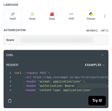 CustomGPT RAG API docs show Shell-selected cURL POST example with Bearer/JWT auth toggle and Try It button