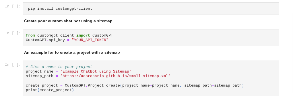 CustomGPT RAG API notebook shows customgpt-client install and Project.create call using a sitemap_path URL.
