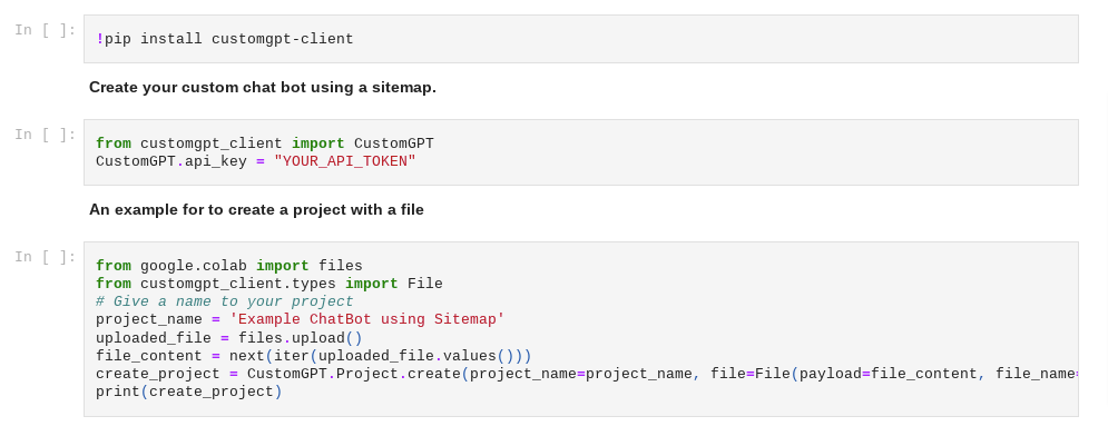 CustomGPT RAG API notebook installs customgpt-client, sets API token, and creates a project from an uploaded sitemap file