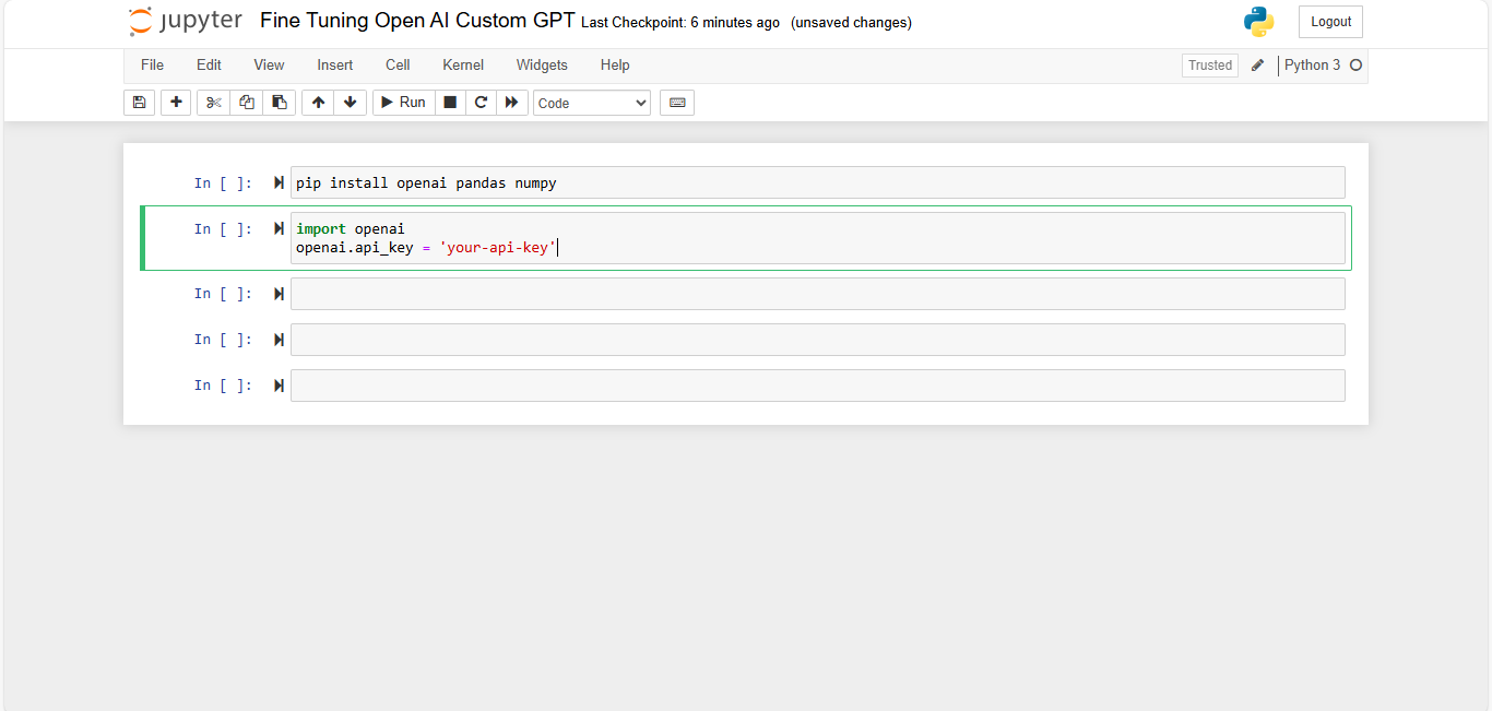 OpenAI fine-tuning notebook titled 'Fine Tuning Open AI Custom GPT' includes pip install and openai.api_key.
