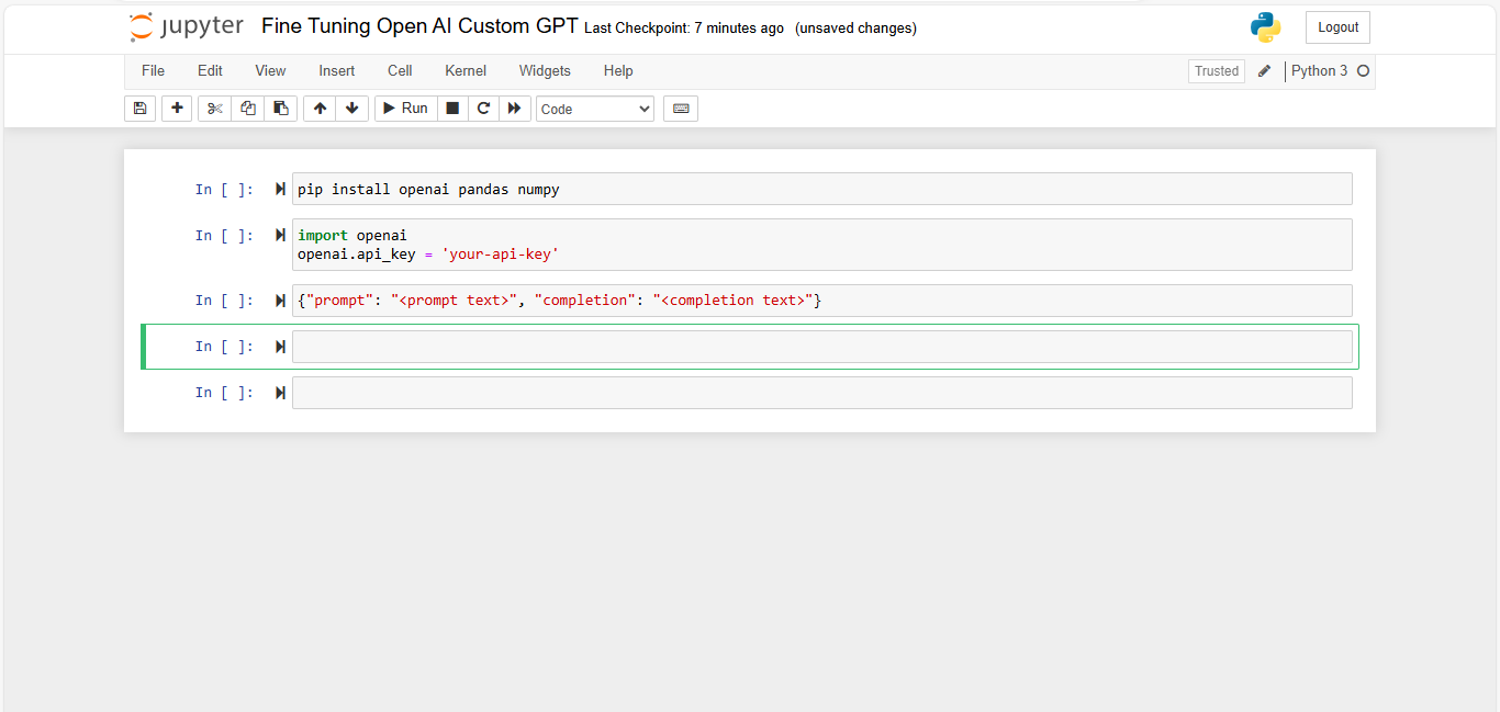OpenAI custom model notebook shows pip install openai pandas numpy, prompt/completion JSON, and unsaved changes.