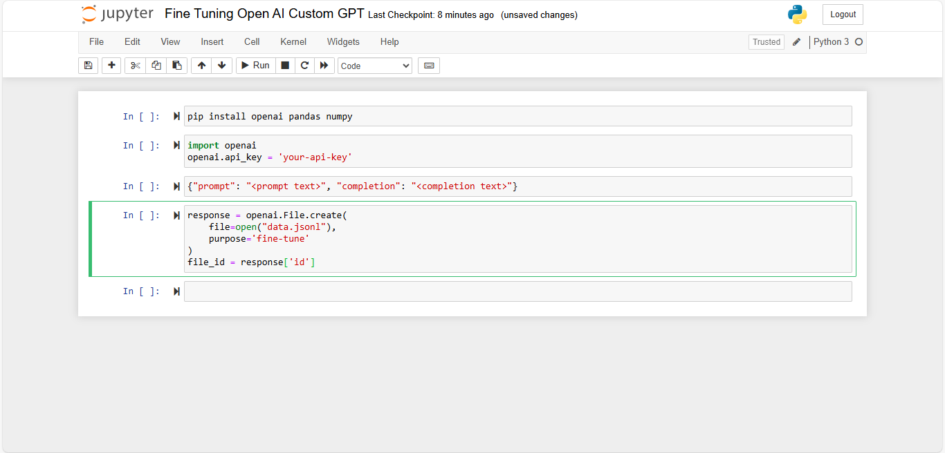 OpenAI fine-tuning notebook shows pip install openai pandas numpy and data.jsonl upload code in a trusted Python kernel