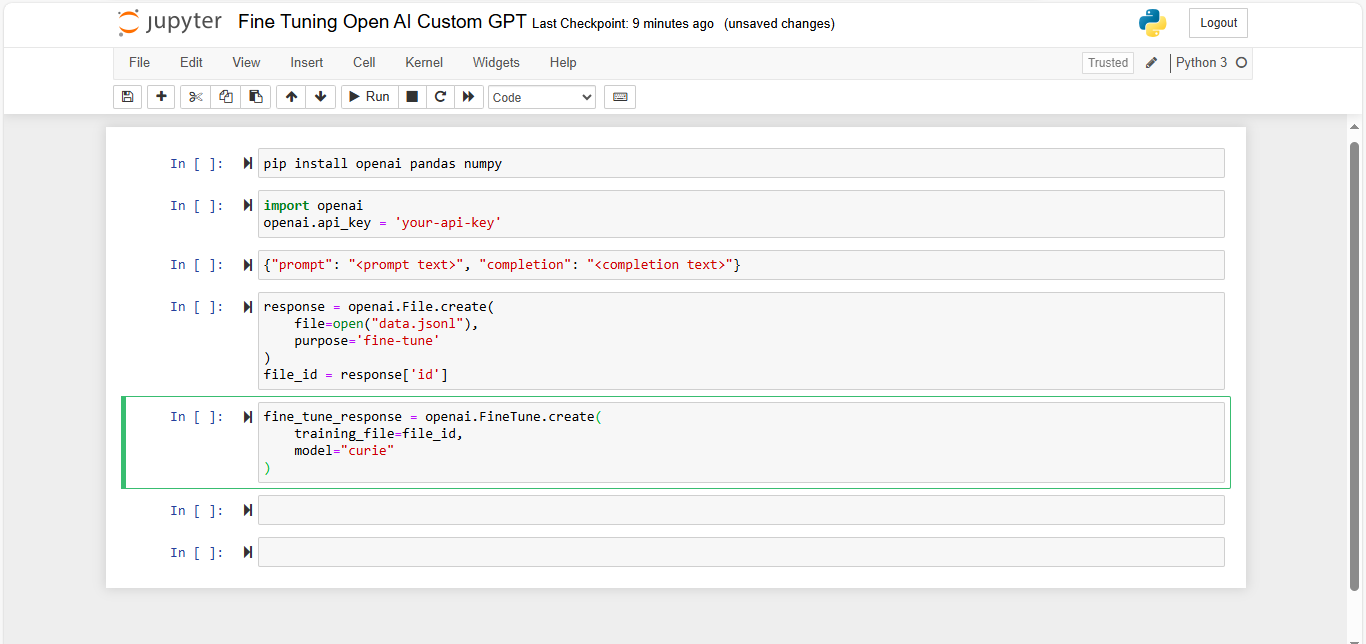 OpenAI fine-tuning notebook runs curie job with openai.FineTune.create and Python 3 kernel in Jupyter UI