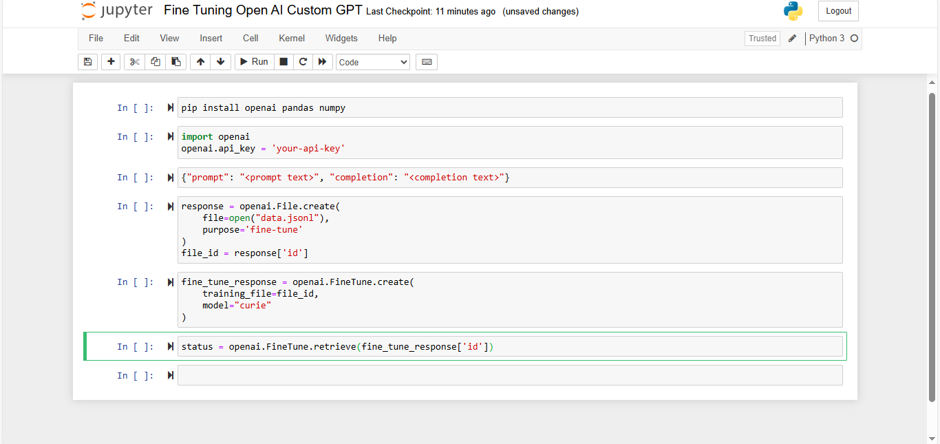 OpenAI fine-tuning workflow shown in Jupyter notebook with openai.FineTune.create using curie and data.json