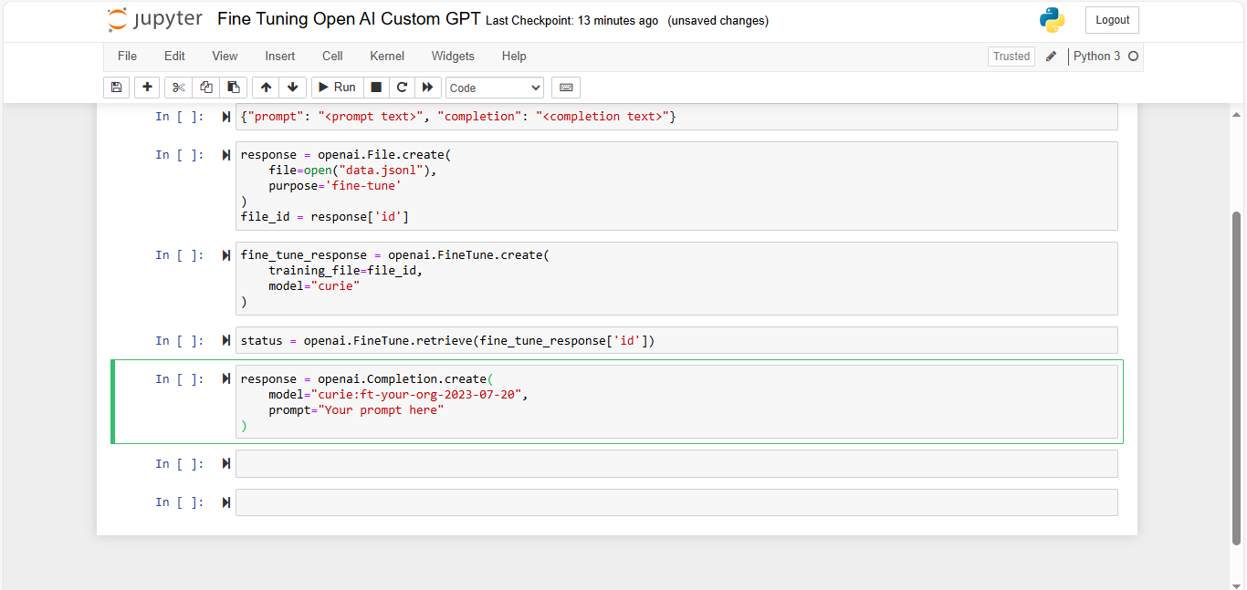 OpenAI fine-tuning notebook shows Python 3 cells for file upload, status checks, and completion calls, checkpoint 13 min ago
