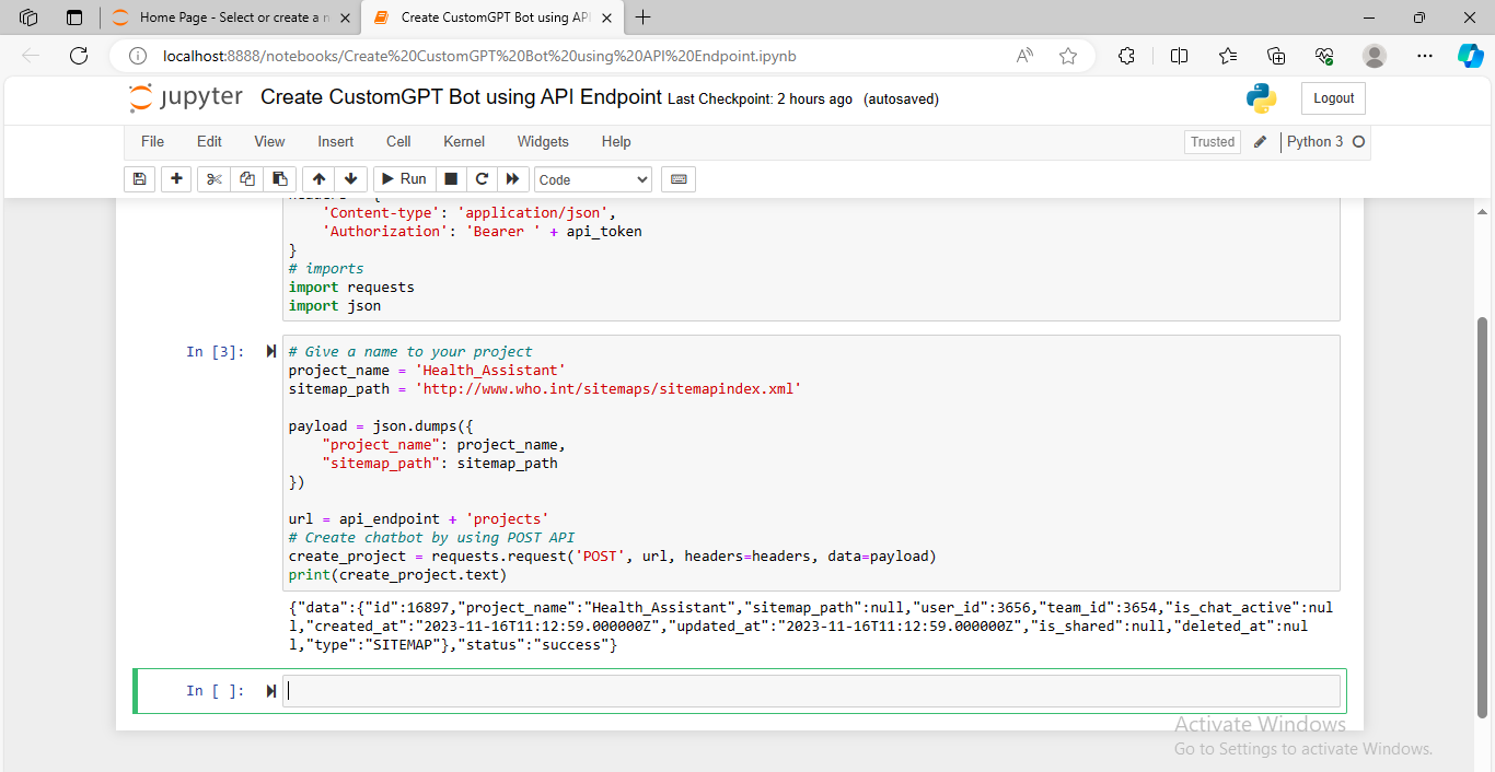 CustomGPT.ai bot creation in Jupyter runs Python POST with WHO sitemap URL, returning project id 16897 success.
