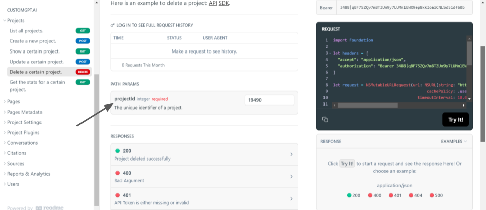 CustomGPT.ai API docs show DELETE project endpoint with projectId 19490, Swift request code, and 200/400/401 responses.
