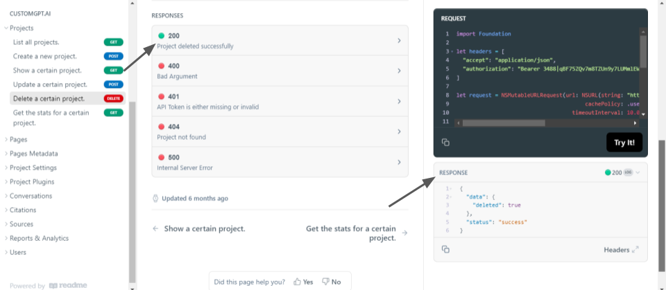 CustomGPT.ai API docs show DELETE project endpoint with Swift request, 200-500 statuses, and deleted:true JSON.