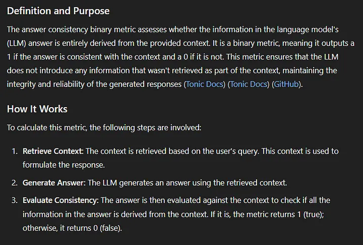CustomGPT.ai benchmark excerpt defines answer consistency as 1/0 metric with Retrieve Context, Generate, Evaluate steps