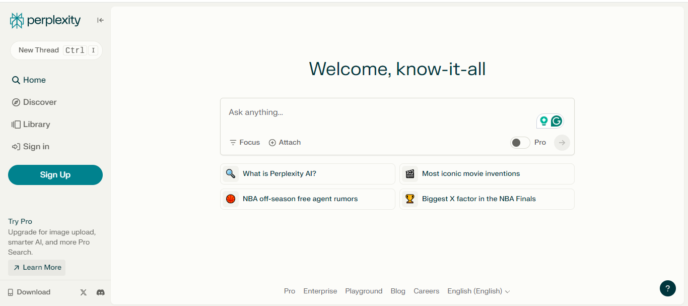 Perplexity AI homepage displays “Welcome, know-it-all” with Ask anything bar, Focus/Attach toggles, and Try Pro.