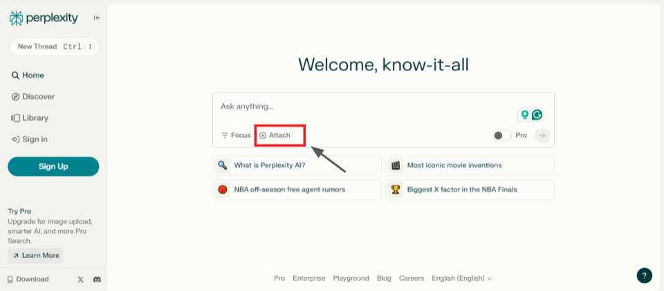 Perplexity AI homepage shows “Ask anything...” with Attach highlighted by red box and arrow beside Focus toggle.
