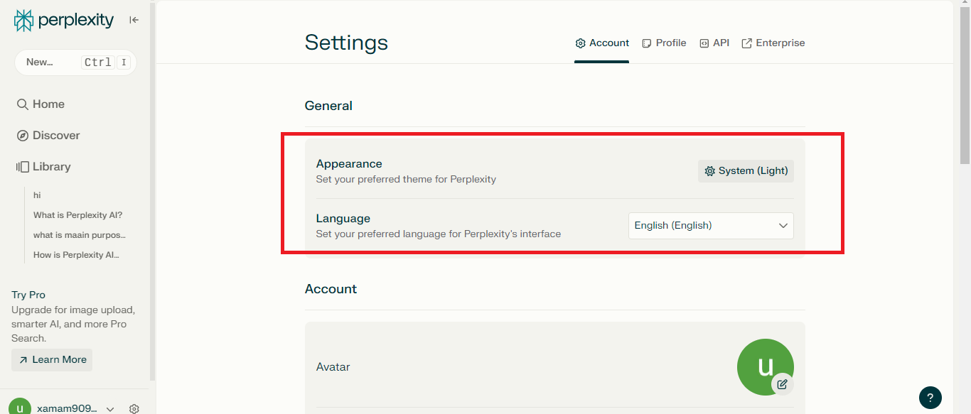 Perplexity AI settings page shows General options with Appearance set to System (Light) and Language English.