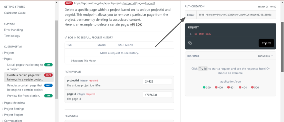 CustomGPT.ai API docs show DELETE page endpoint with projectId 24425, pageId 17076631, and no JSON body.