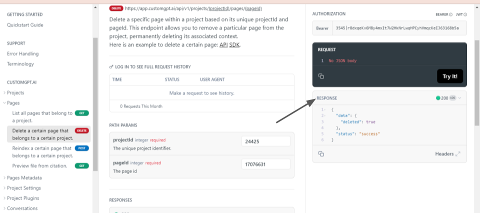 CustomGPT.ai API docs show DELETE /projects/{projectId}/pages/{pageId} with 200 JSON response deleted:true.