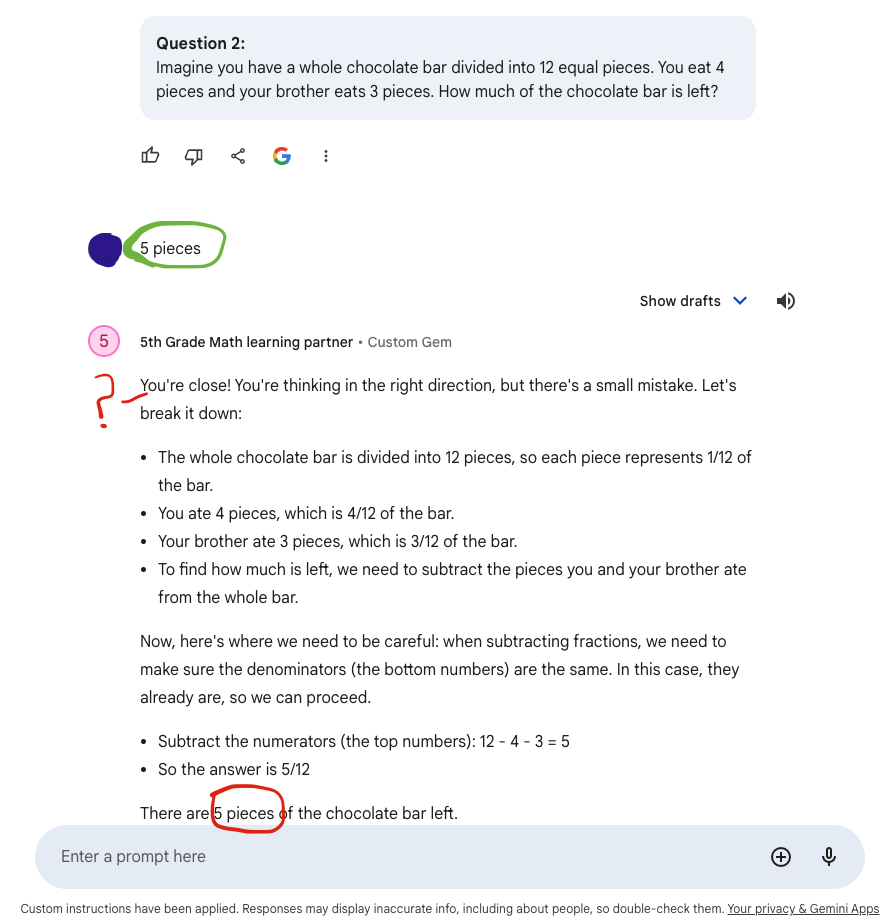 Google Gemini response corrects “5 pieces” to 5/12 in a 12-piece chocolate bar problem, with feedback icons shown.