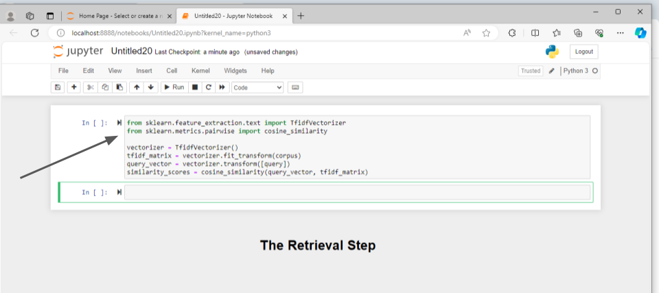 RAG implementation with LLMs uses TfidfVectorizer and cosine_similarity in Jupyter notebook Untitled20.