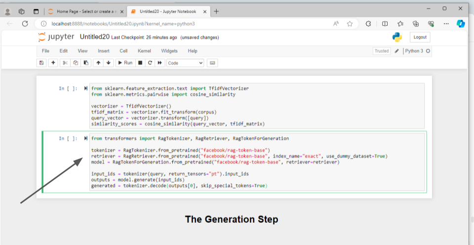 RAG implementation notebook runs TfidfVectorizer cosine similarity and facebook/rag-token-base RagRetriever setup.