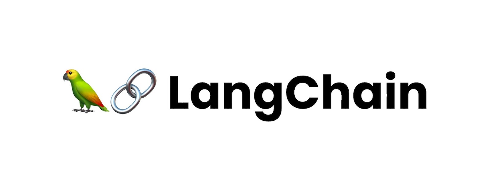 LangChain displays a parrot and chain-link emoji before bold black text, centered on a plain white background.