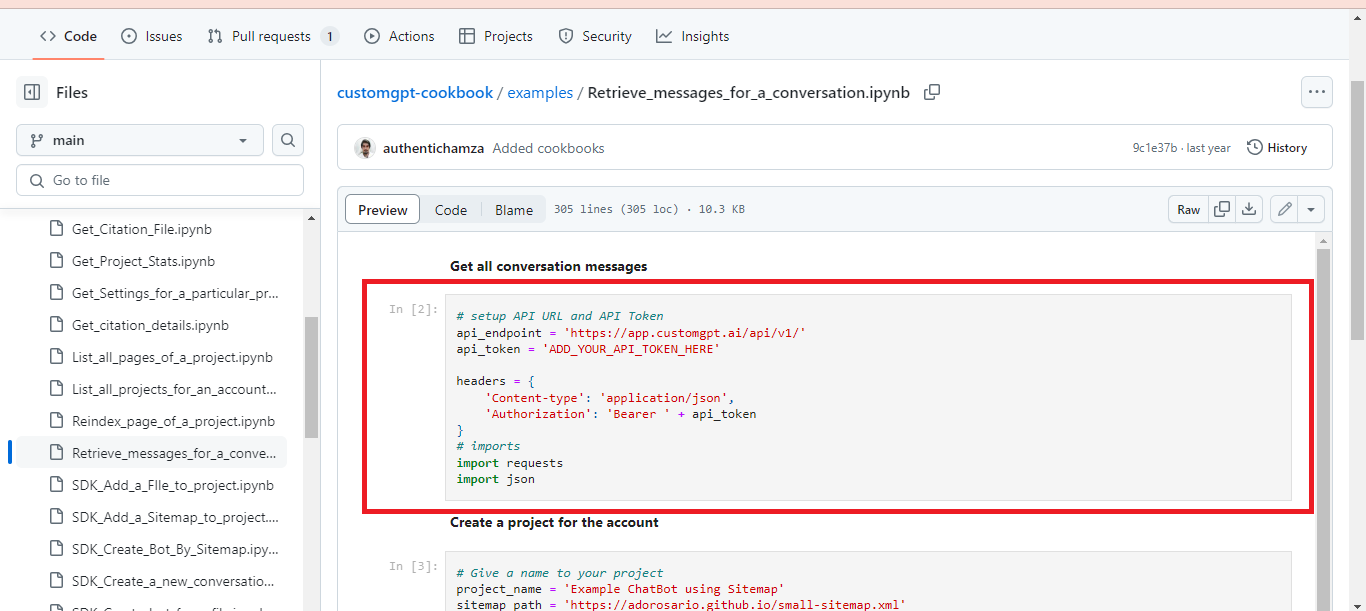 CustomGPT.ai GitHub notebook shows “Get all conversation messages” code with Bearer auth headers in JSON API call