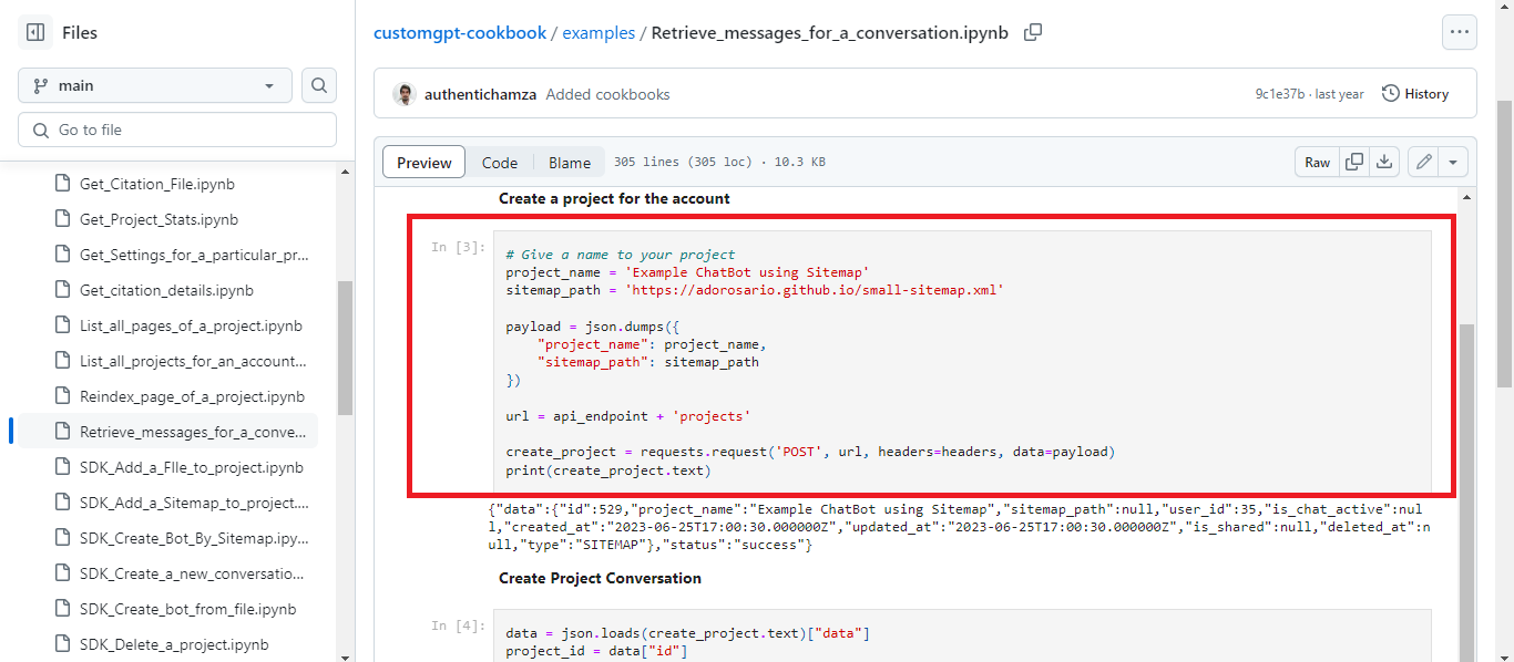 CustomGPT.ai cookbook notebook previews project-creation POST code and JSON response with id 529 in cell [3].