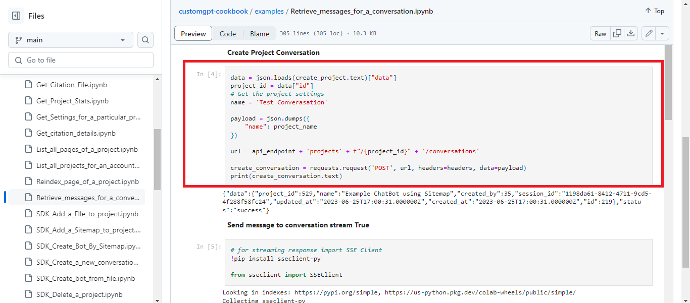 CustomGPT.ai Jupyter notebook builds a project conversation via POST /api/v1/projects/{id}/conversations payload code