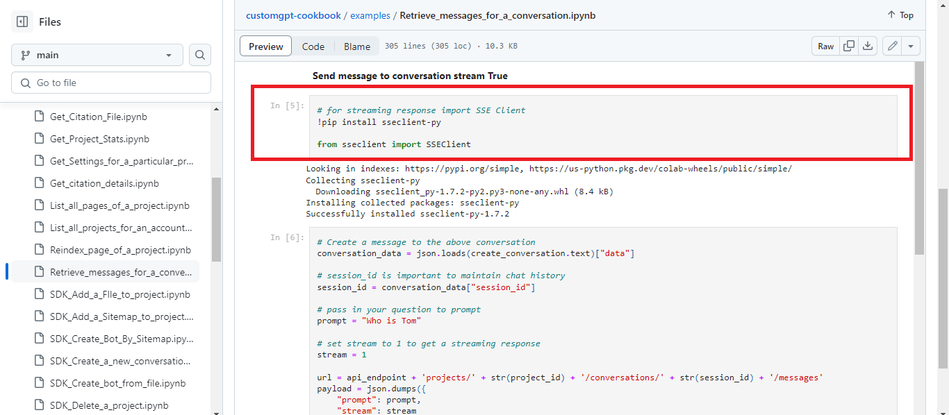 CustomGPT.ai notebook shows conversation stream setup with from ssclient import SSEClient in highlighted code cell