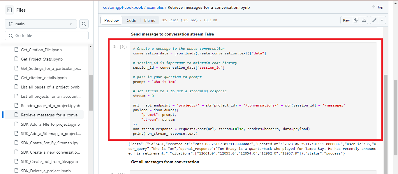 CustomGPT.ai notebook displays Retrieve_messages_for_a_conversation.ipynb with requests.post code and JSON fields