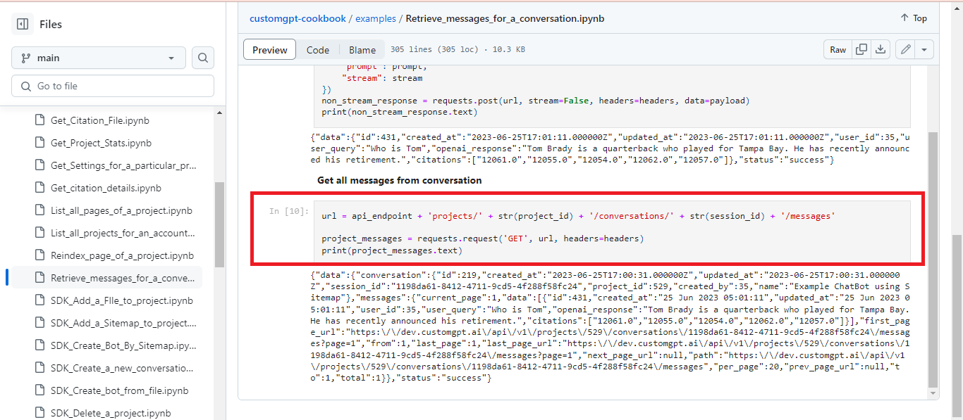 CustomGPT.ai notebook builds a /messages API URL with project_id and session_id, then sends a GET request.
