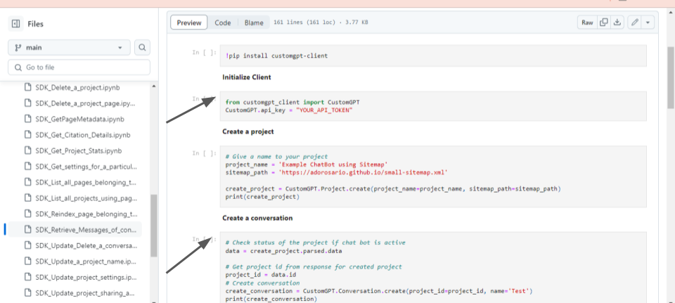 CustomGPT.ai notebook shows Python setup with customgpt-client, project sitemap import, and conversation creation code.
