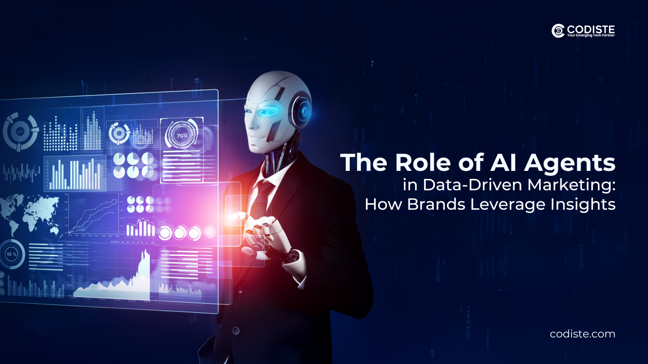 The image features a humanoid robot in a suit, symbolizing an AI agent, standing in front of a digital interface filled with various data visualizations. These include bar graphs, pie charts, and line graphs, suggesting data analysis and insights. The background is a deep blue, and the text on the right side reads: 'The Role of AI Agents in Data-Driven Marketing: How Brands Leverage Insights.' The top right corner displays the logo and tagline of 'CODISTE Your Emerging Tech Partner,' and the bottom right corner shows the website 'codiste.com.' The overall theme emphasizes the integration of AI in marketing strategies.