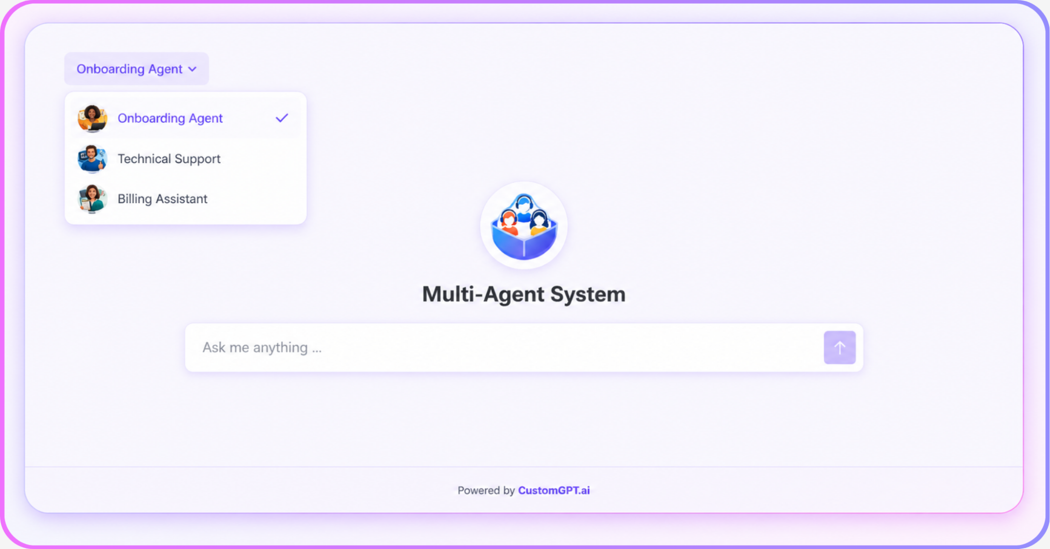 End-user view of a deployed CustomGPT multi-agent chatbot with dropdown open showing three agent names and individual avatars to choose from