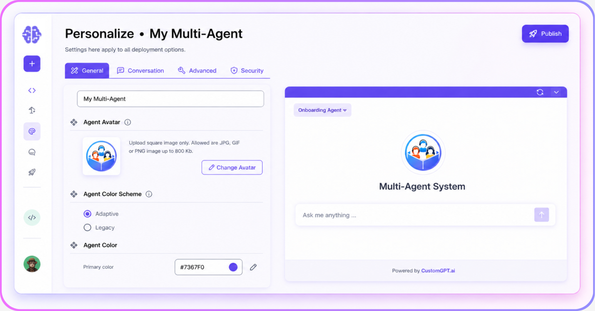 CustomGPT Personalize settings for a multi-agent with theme color picker, logo upload field, and welcome message input