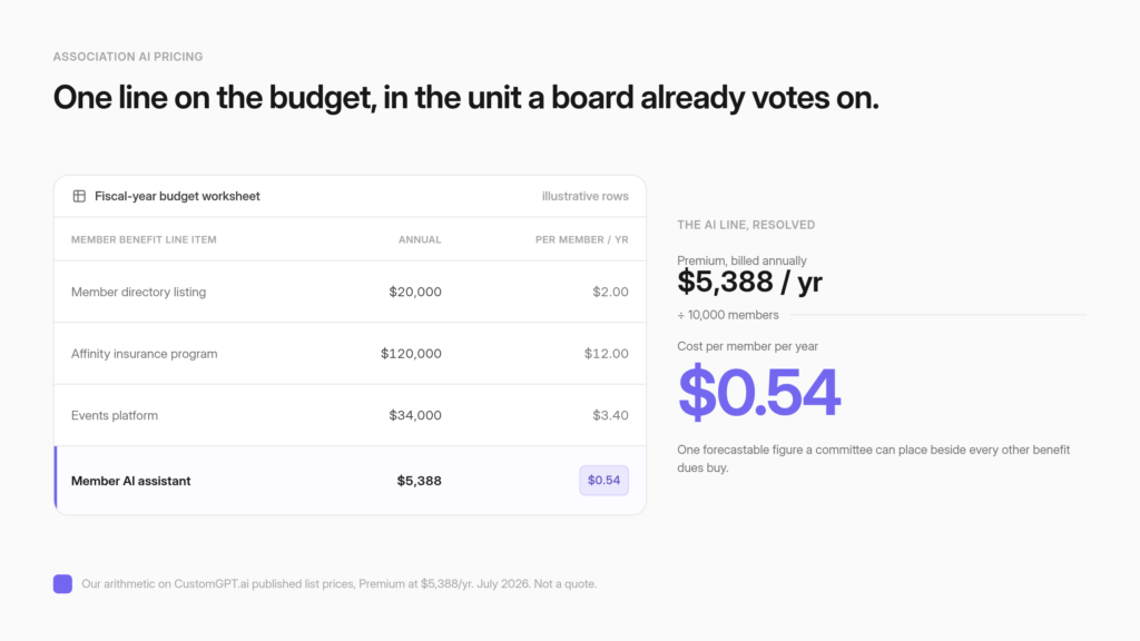 An association fiscal-year budget spreadsheet with a line item reading member AI assistant, showing a fixed annual figure divided by member count to give a cost per member per year.