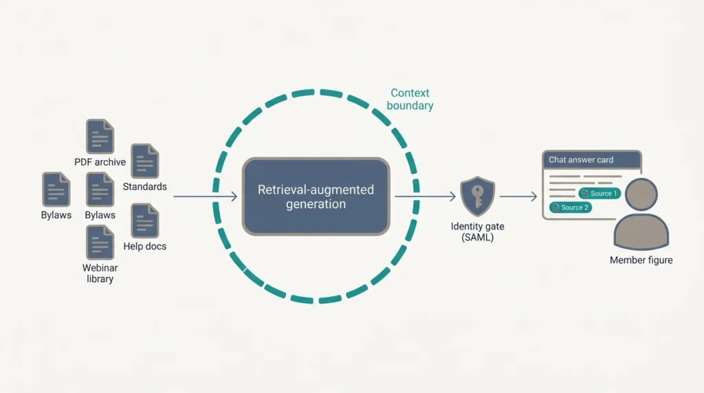 Architecture diagram showing an association's documents ingested through retrieval-augmented generation inside a context boundary, passed through an identity gate, and returned to a member as a cited answer