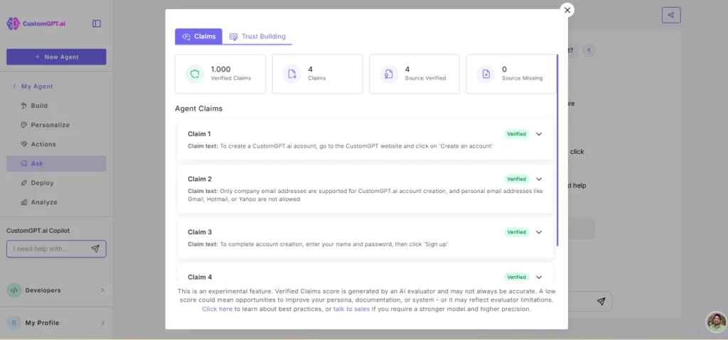 Verify Responses Claims dashboard showing verified claims, source verification metrics, claim statuses, and an AI-generated accuracy disclaimer.