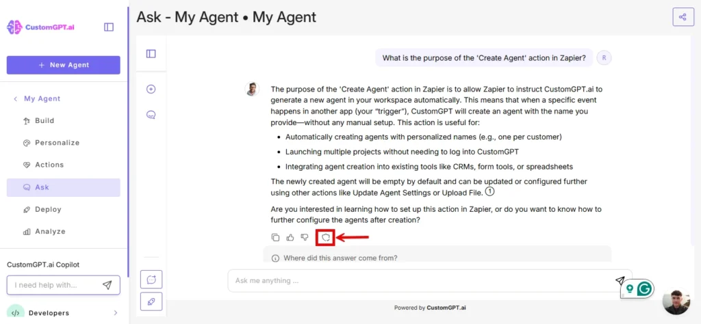 CustomGPT.ai Ask interface highlighting the shield icon beneath an AI response used to run Verify Responses.
