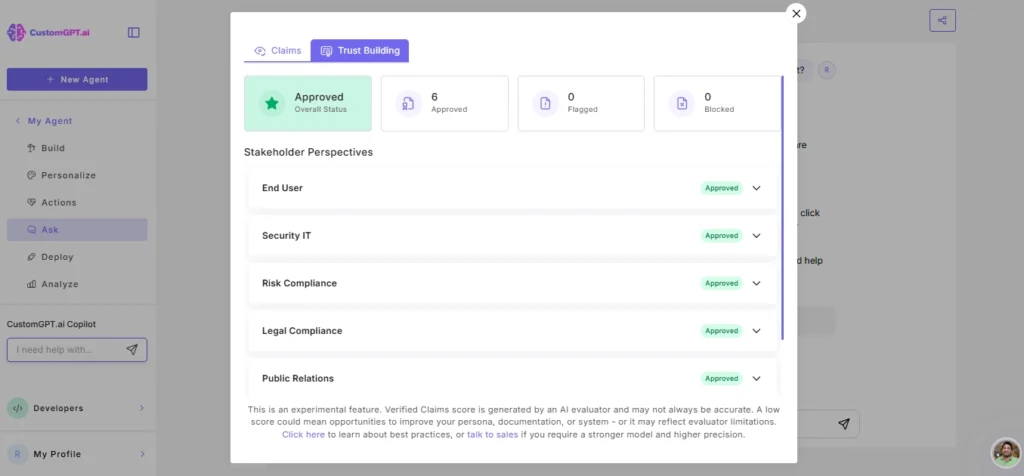 Trust Building tab showing an overall Approved status across six stakeholder perspectives: End User, Security IT, Risk Compliance, Legal Compliance, Public Relations, and Executive Leadership.