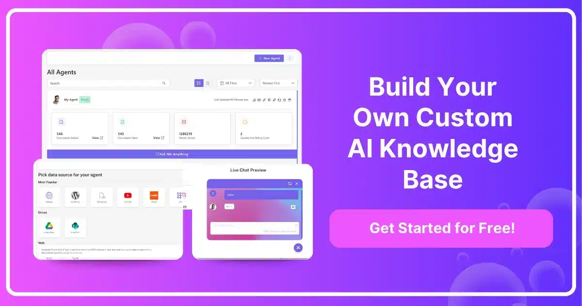 The image is an infographic with a purple gradient background, featuring the text 'Unlock Business Potential with Custom GPT' prominently in white. Below this, there is a pink button with the text 'Create Custom GPT Now!'. The image includes two smaller screenshots of a software interface. The overall design is modern and tech-oriented, aimed at promoting a business tool for how to create a custom GPT.