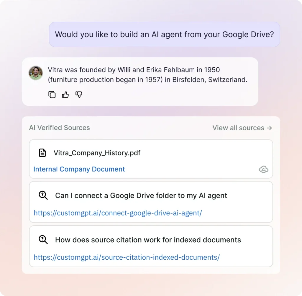 An answer about Vitra with an AI Verified Sources panel listing the source document and two cited pages.